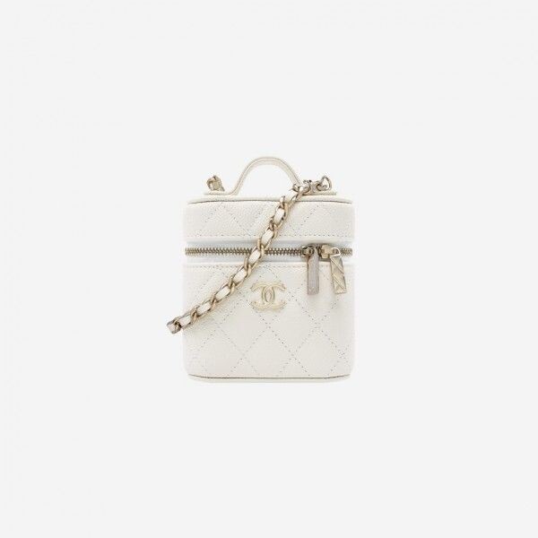 샤넬 스몰 체인 코스메틱 케이스 그레인드 카프스킨 골드 메탈 화이트 CHANEL Small Vanity with Chain G